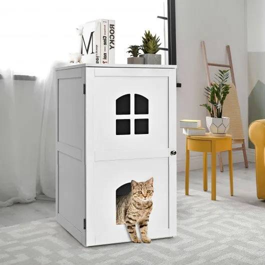 2-Tier Hidden Cat House Enclosure Nightstand-White