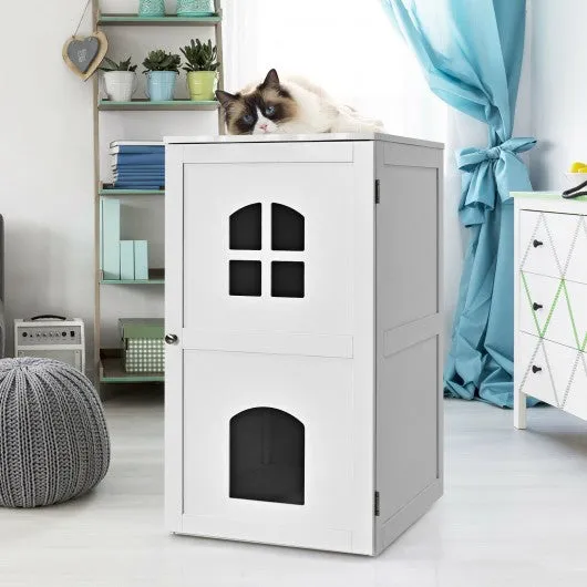 2-Tier Hidden Cat House Enclosure Nightstand-White