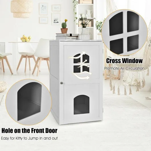 2-Tier Hidden Cat House Enclosure Nightstand-White