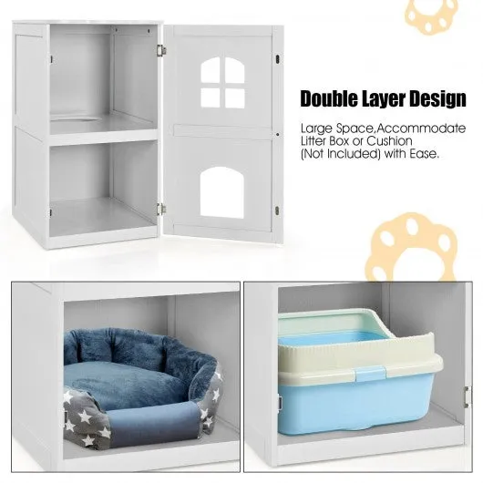 2-Tier Hidden Cat House Enclosure Nightstand-White