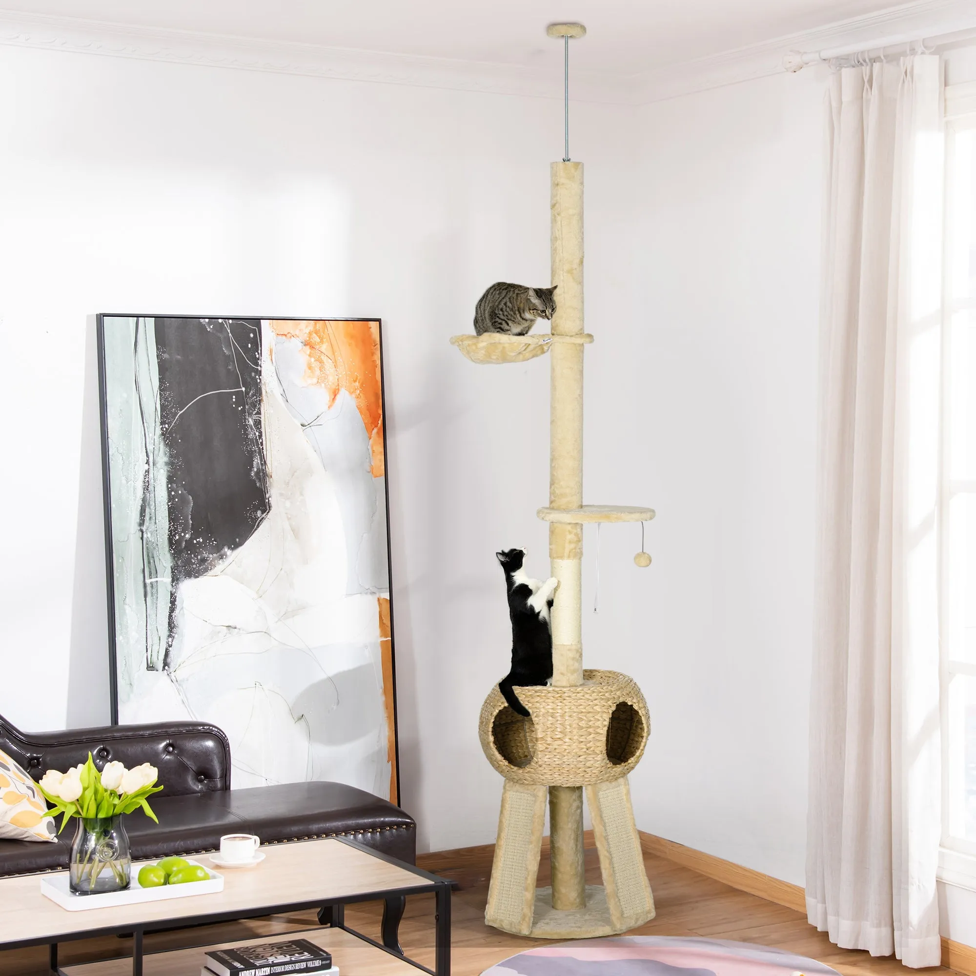 255cm Cat Tree Tower w/ Scratching Post, Cat House, Ball, Platform, Beige