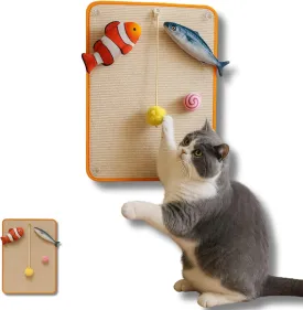 28 Inch Cat Wall Scratcher Pad with Toys  Hanging Sisal Scratch Board Kit for Indoor Cats, Includes Catnip Fish & Teaser Ball (Light Brown)