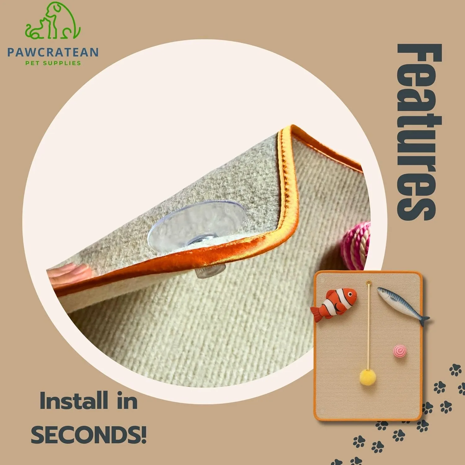 28 Inch Cat Wall Scratcher Pad with Toys  Hanging Sisal Scratch Board Kit for Indoor Cats, Includes Catnip Fish & Teaser Ball (Light Brown)