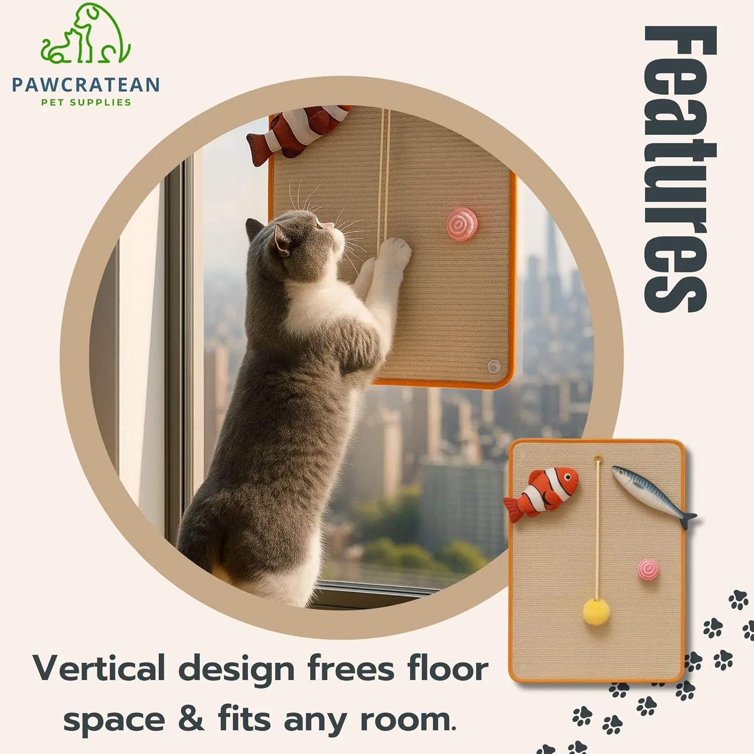 28 Inch Cat Wall Scratcher Pad with Toys  Hanging Sisal Scratch Board Kit for Indoor Cats, Includes Catnip Fish & Teaser Ball (Light Brown)