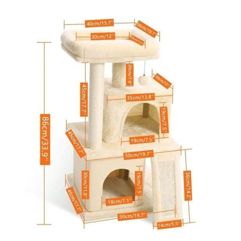 3 Level Cat Tree House 34" Sisal Scratching Post Board Plush Perch Stand