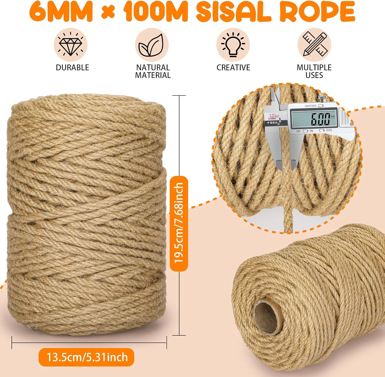 328FT/100M Cat Scratching Sisal Rope, 6mm Thick Natural Jute Rope for Scratch Posts, Cat Trees, DIY Projects, Sisal Rope for Scratcher with 2 Mouse Toys (Natural, 328ft)