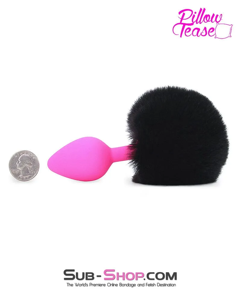 6869M      Jet Black Powder Puff Butt Plug Tail, Medium Pink Silicone Plug - LAST CHANCE - Final Closeout!