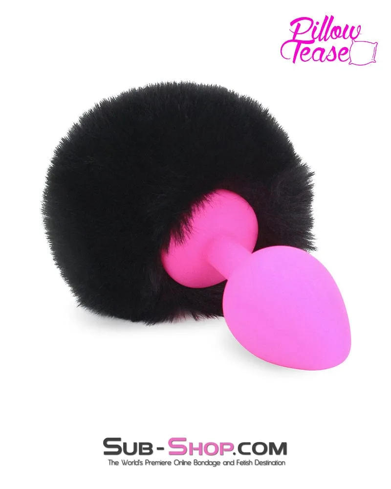 6869M      Jet Black Powder Puff Butt Plug Tail, Medium Pink Silicone Plug - LAST CHANCE - Final Closeout!