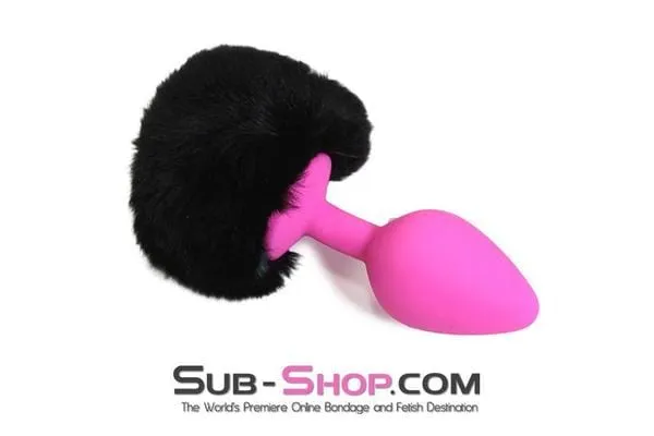 6869M      Jet Black Powder Puff Butt Plug Tail, Medium Pink Silicone Plug - LAST CHANCE - Final Closeout!