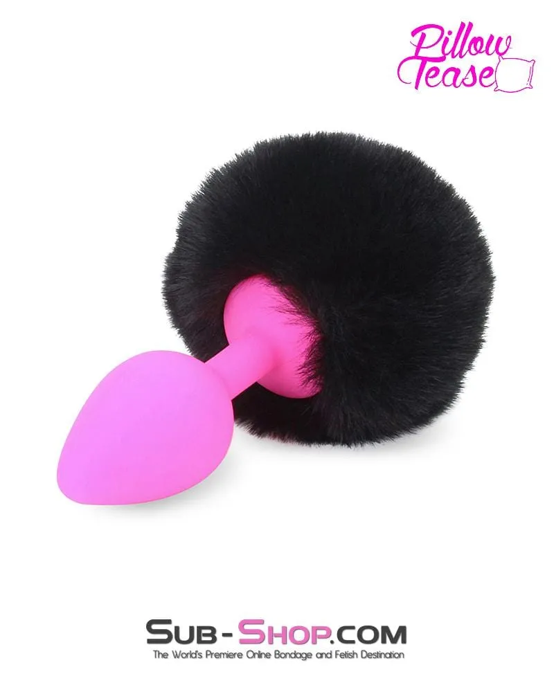 6869M      Jet Black Powder Puff Butt Plug Tail, Medium Pink Silicone Plug - LAST CHANCE - Final Closeout!