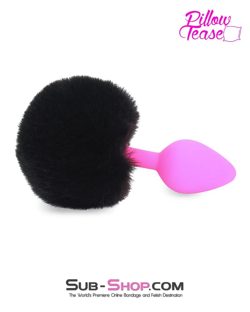 6869M      Jet Black Powder Puff Butt Plug Tail, Medium Pink Silicone Plug - LAST CHANCE - Final Closeout!