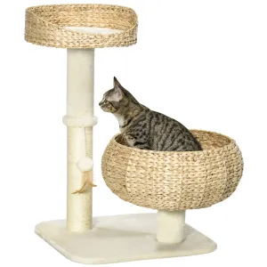 72cm Cat Tree, Kitty Activity Center, Cat Climbing Toy, Cat Tower with 2 Cattail Beds Ball Toy Sisal Scratching Post, Beige