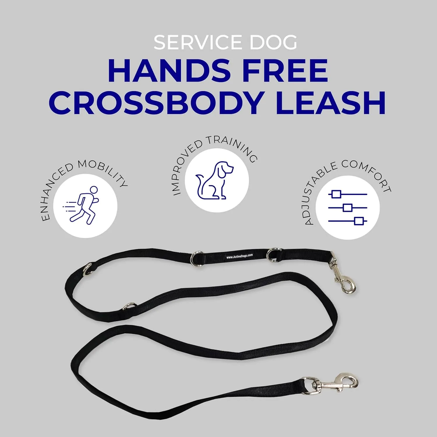 ActiveDogs Hands Free Dog Leash Crossbody 6.5ft - Adjustable 4-Point Hands Free Leash with Service Dog Wrap for Increased Mobility & Training - Strong 3/4" Nylon & Double Stitched, Black
