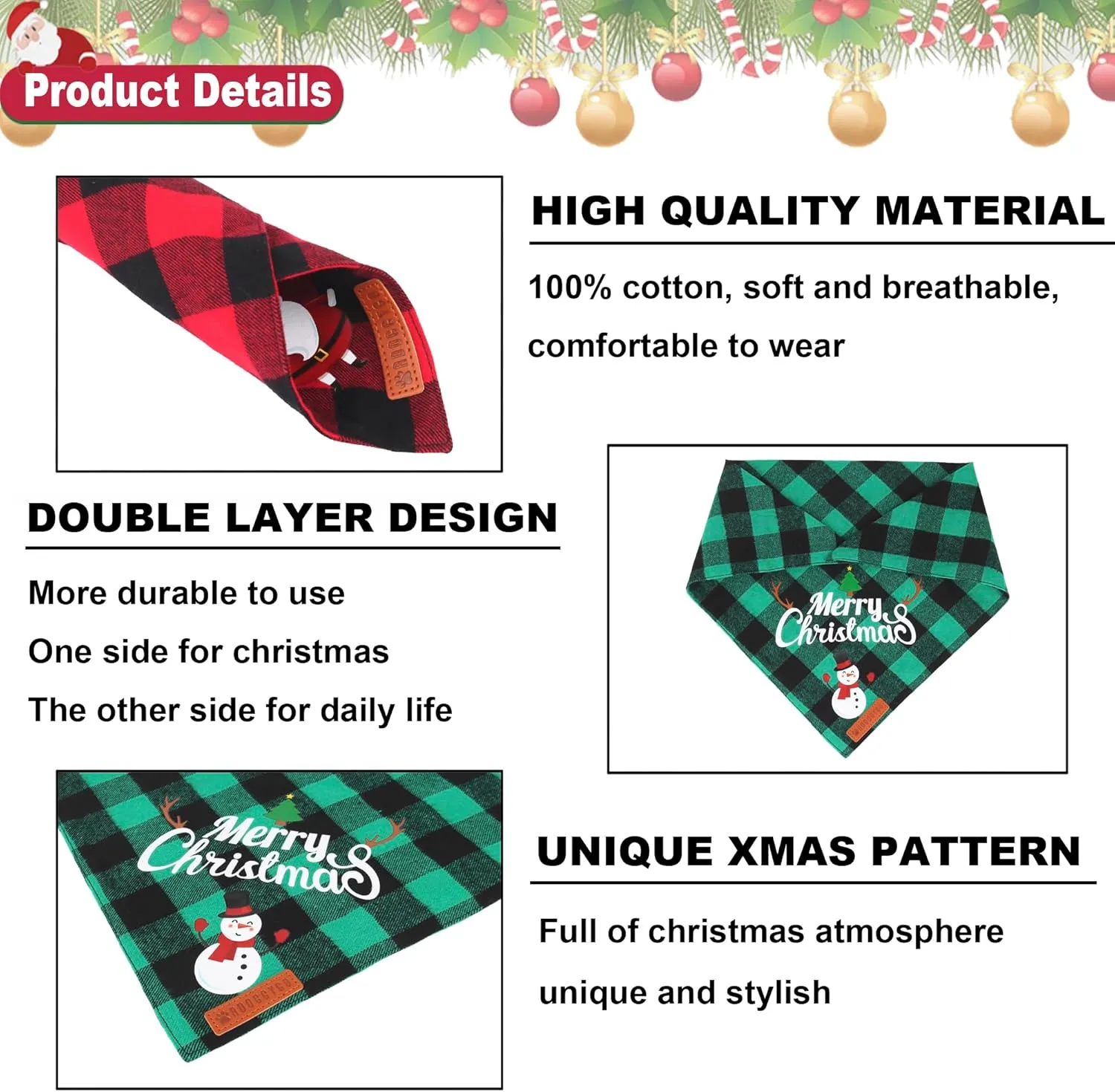 ADOGGYGO 2 Pack Dog Bandana Christmas Classic Plaid Pet Scarf Triangle Bibs Kerchief Merry Christmas Santa Snowman Bandana for Large X-Large Dogs Pets (X-Large)