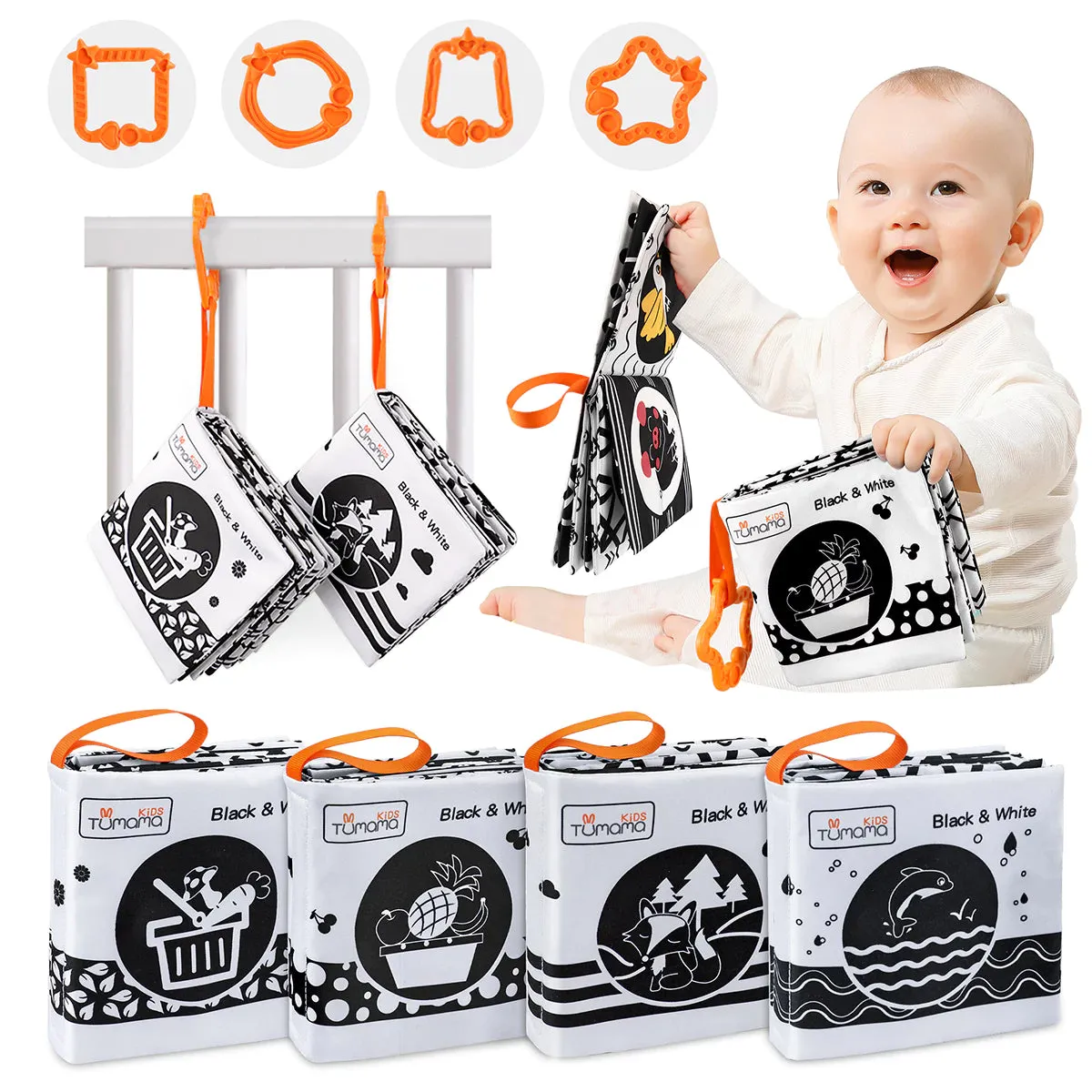 Baby book, my first crinkle books soft cloth toys, black and white activity busy books animals, fruit, vegetable learning toy set for baby toddler 3 Month 