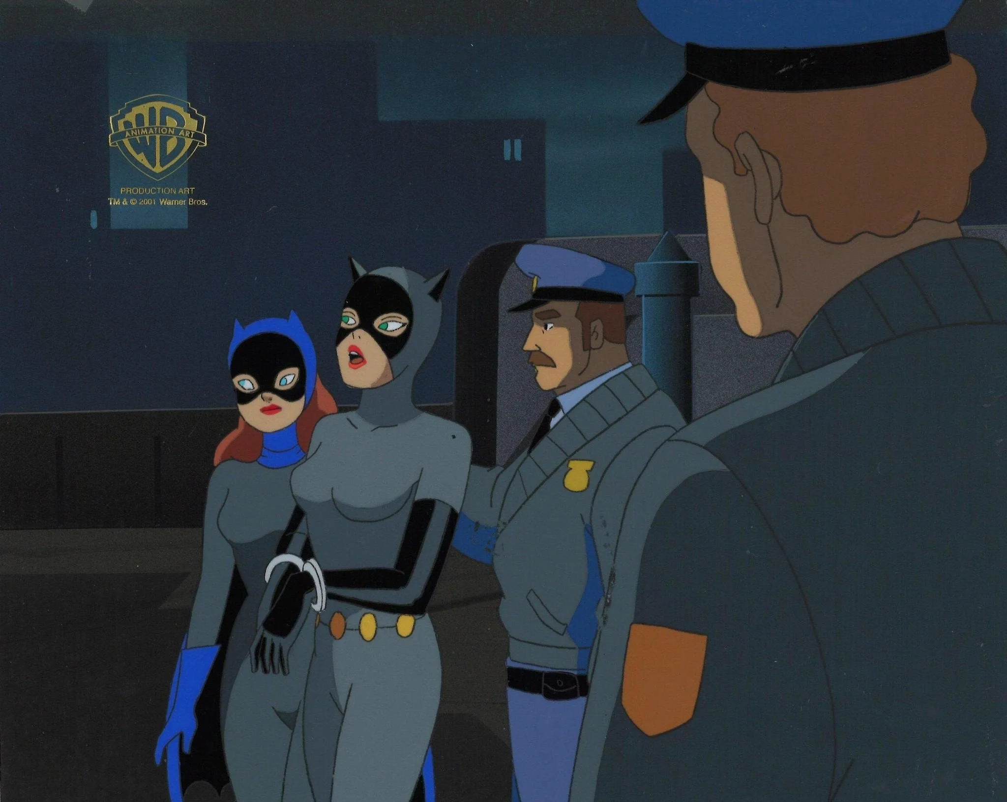 Batman The Animated Series Original Production Cel On Original Background: Batgirl and Catwoman