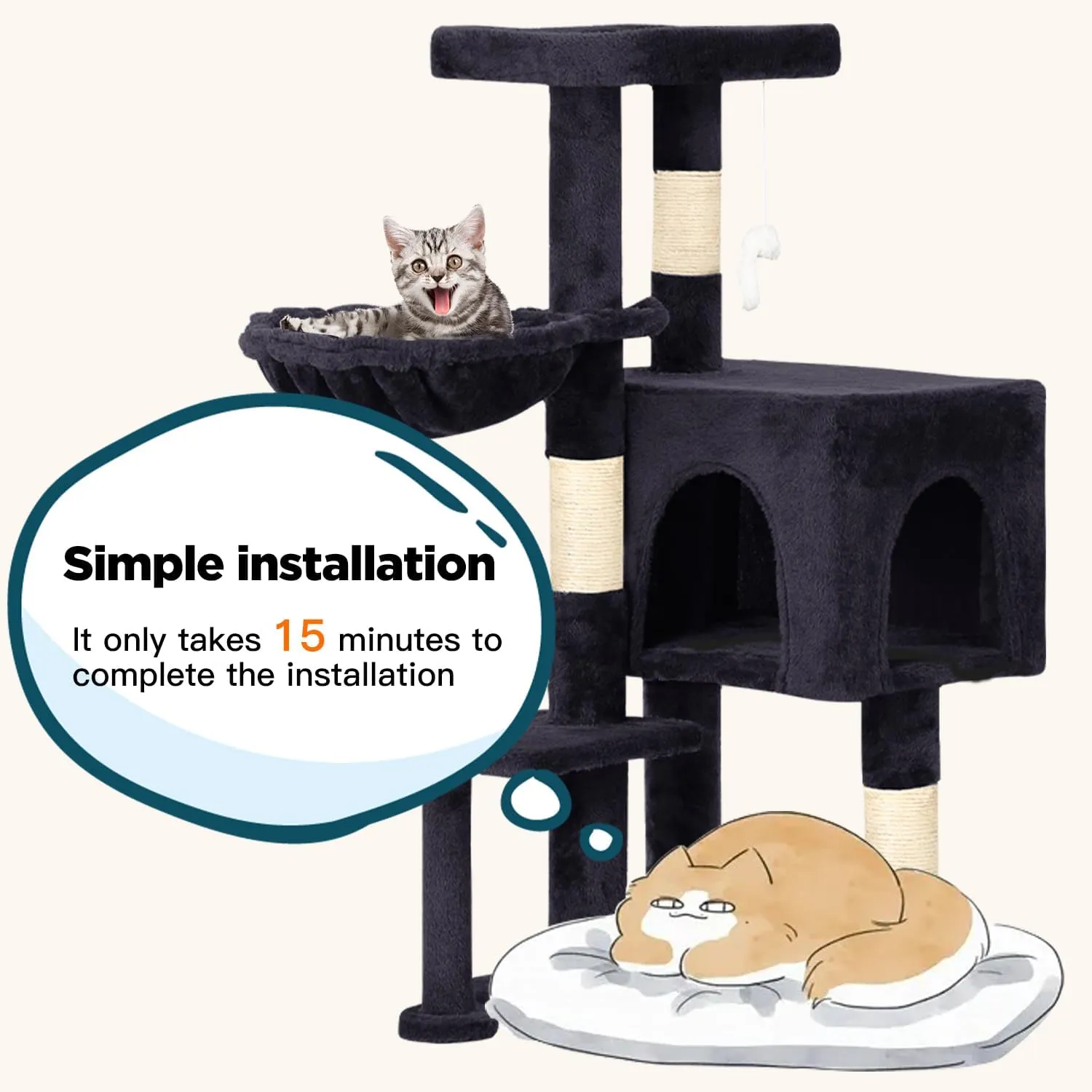 BestPet Cat Tree 36 inch Tall Cat Tower for Indoor Cats with Cat Scratching Post,Cat Condo Furniture Activity Centre with Cat Hammock & Funny Toy (Dark Gray)