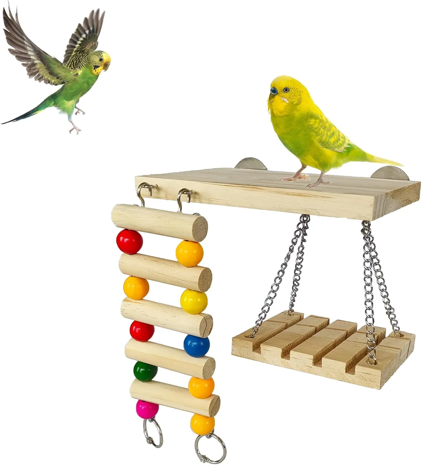 Bird Perches Toys Set Cage Accessories Parrot Nature Wooden Playground Hanging Standing Platform Play Stand with Swing Ladder for Lovebirds, Parakeet, Conures, Budgie and Other Small Animals