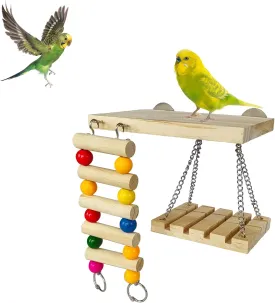 Bird Perches Toys Set Cage Accessories Parrot Nature Wooden Playground Hanging Standing Platform Play Stand with Swing Ladder for Lovebirds, Parakeet, Conures, Budgie and Other Small Animals