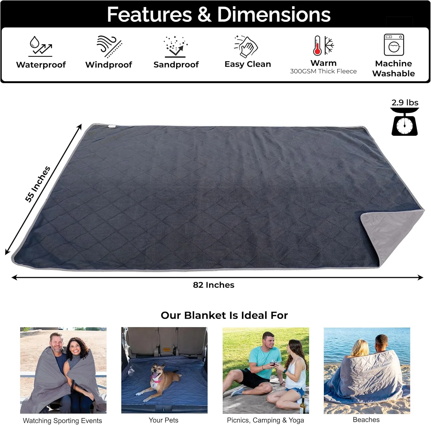 BRAWNTIDE Large Outdoor Waterproof Blanket - Extra Thick Fleece, Warm, Windproof, Sandproof, Quilted, 82" x 55", Ideal for Beaches, Picnics, Camping, Stadiums, Dogs, Car