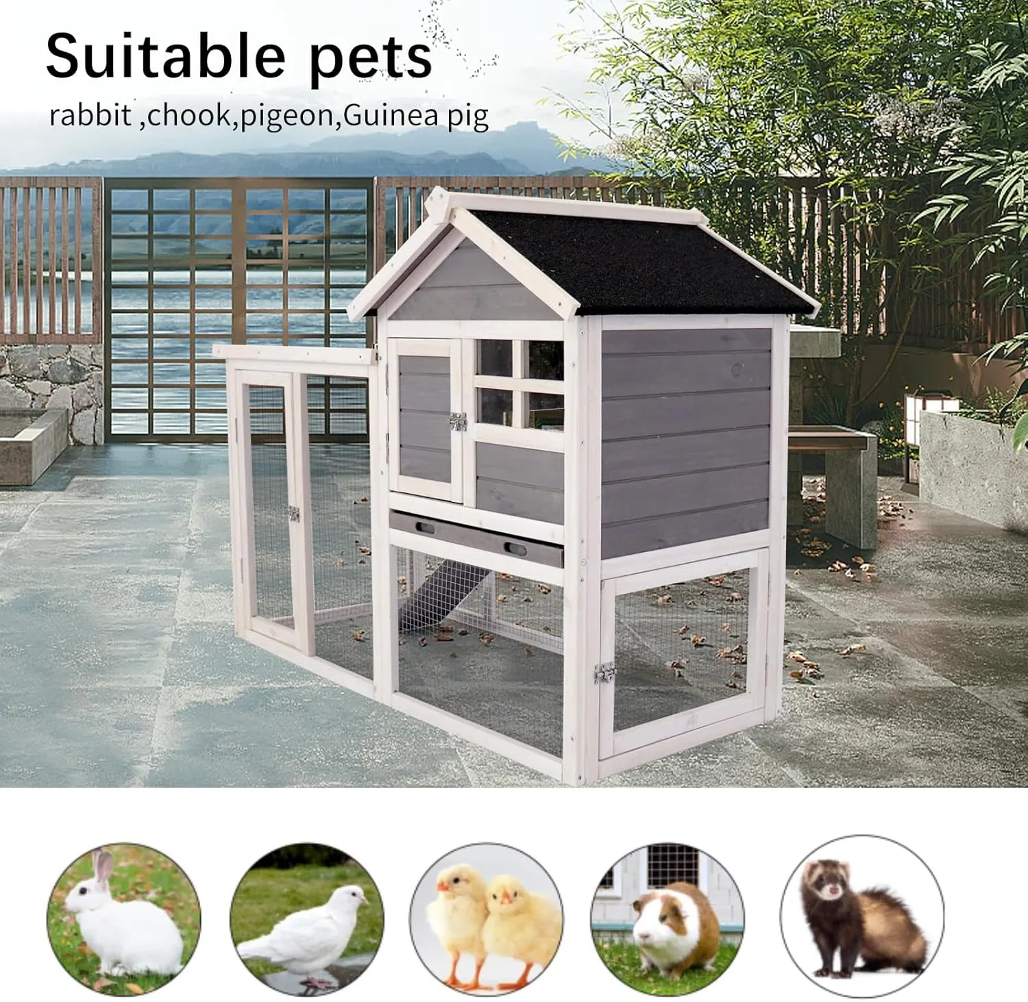 Bunny cage Outdoor Bunny Hutch Guinea Pig Cages Ferret cage with Waterproof Sunshade with Deep Not Leak Pull Out Tray(Grey(one Removable Tray))(W1431110991)