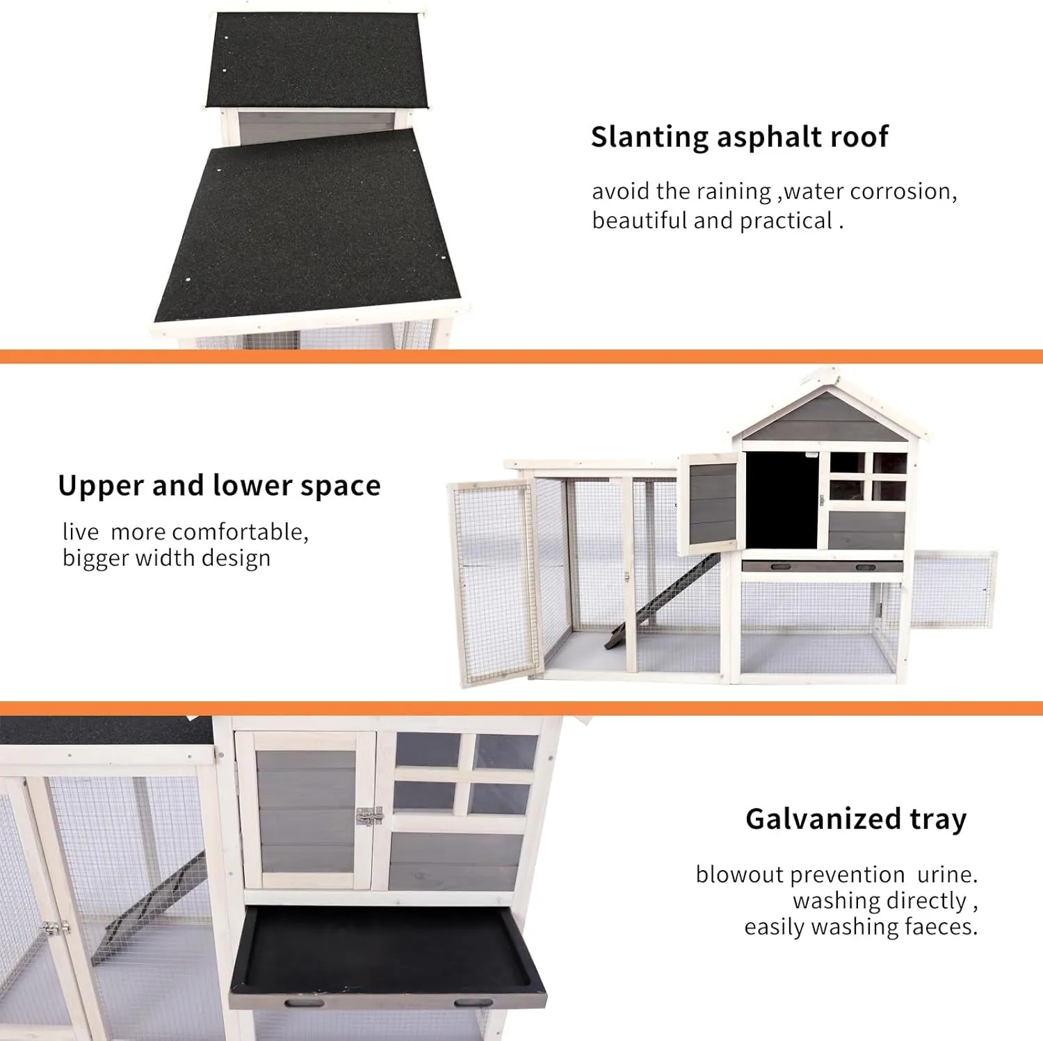 Bunny cage Outdoor Bunny Hutch Guinea Pig Cages Ferret cage with Waterproof Sunshade with Deep Not Leak Pull Out Tray(Grey(one Removable Tray))(W1431110991)