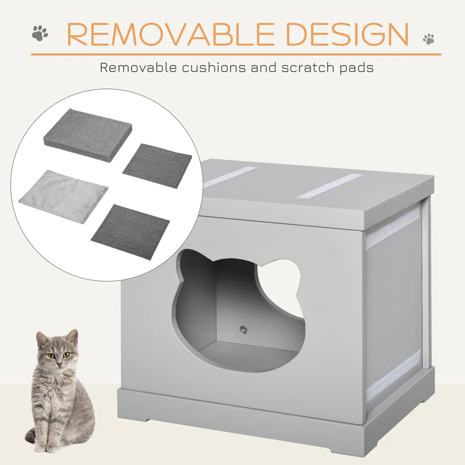 Cat House Bed Kitten Cave Cube Indoor for Small Pet with Removable Sisal Scratching Pads Soft Cushions, 41x30x36 cm, Grey