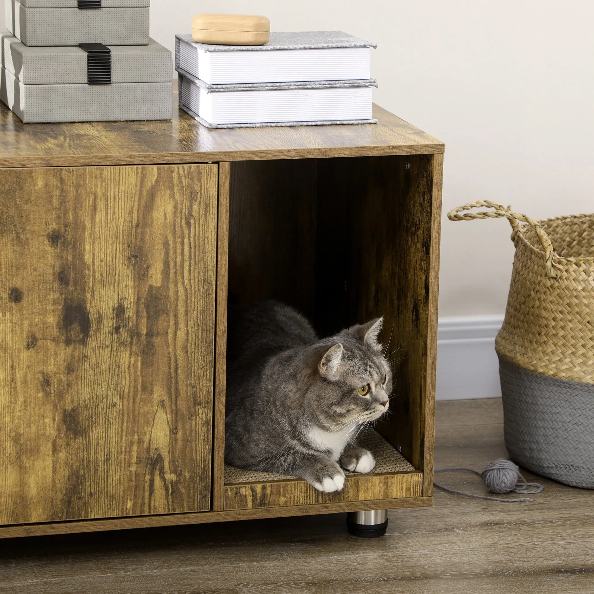 Cat Litter Box Enclosure, Hidden Cat Washroom, Decorative End Table with Double Doors, Scratching Pad, Rustic Brown