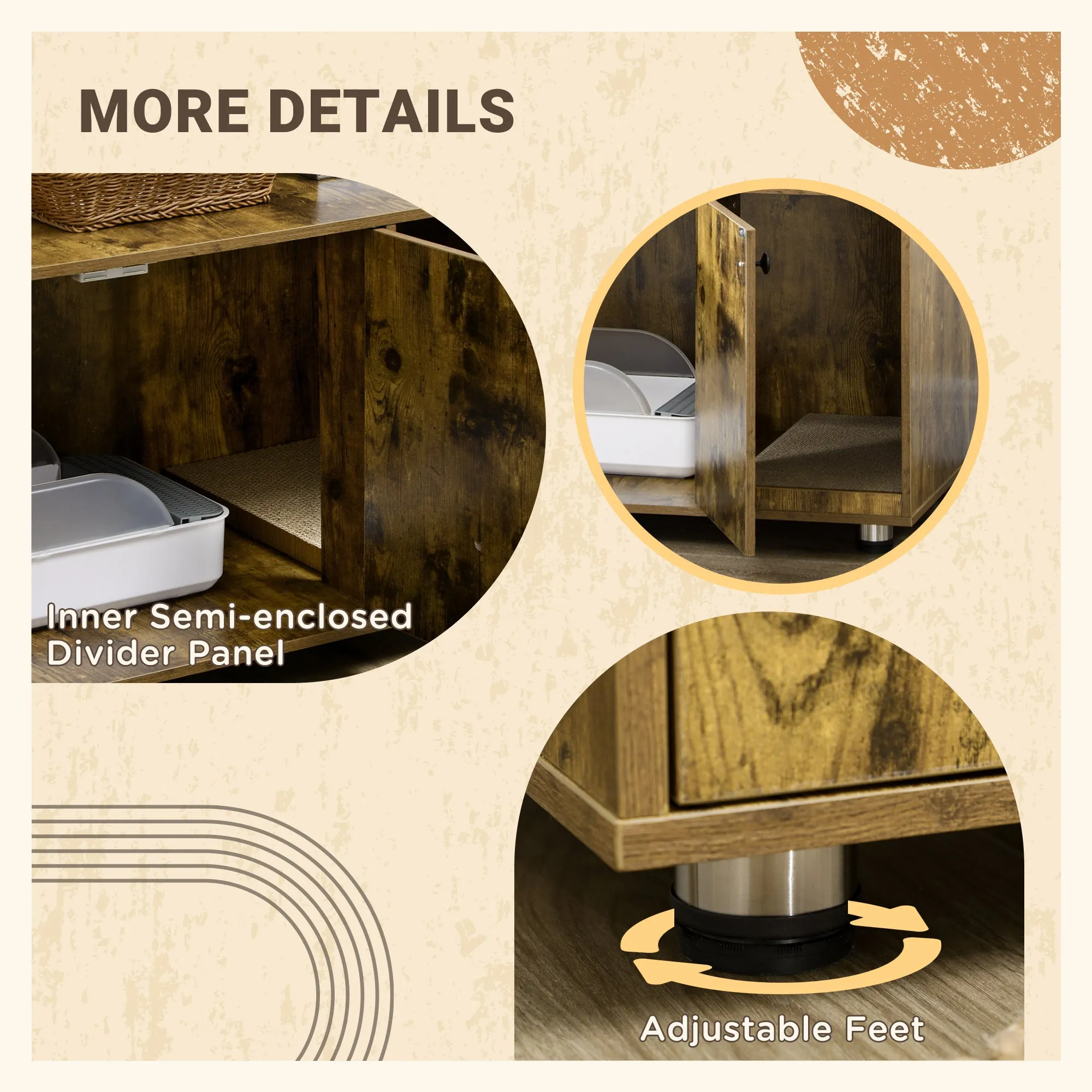 Cat Litter Box Enclosure, Hidden Cat Washroom, Decorative End Table with Double Doors, Scratching Pad, Rustic Brown