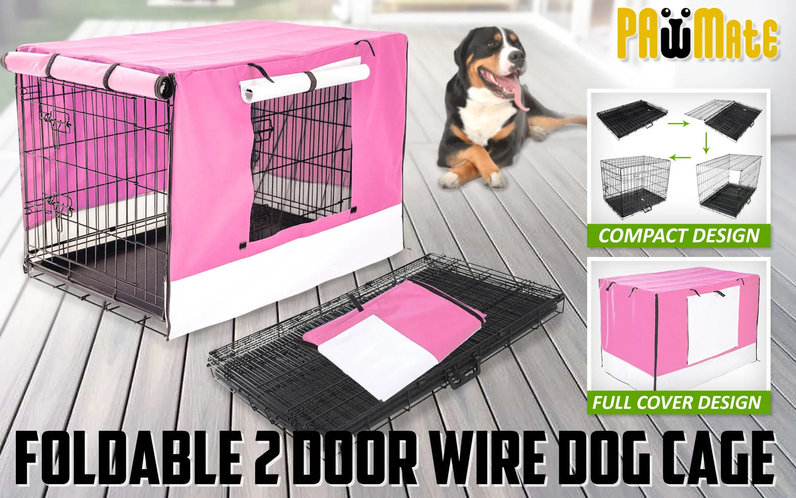 Collapsible Wire Dog Crate, Double Doors, 30in   Pink Cover