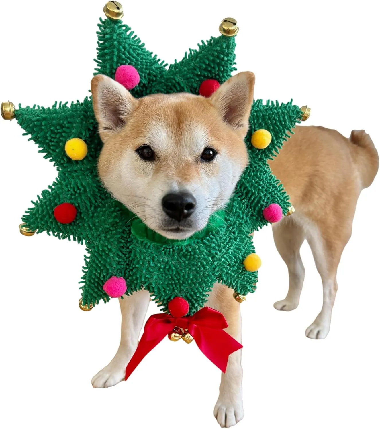 ComfyCamper Christmas Wreath Neck Scrunchie Dog Costume - Xmas Ugly Sweater Large Medium Small French Lab Cosplay, Large, Green
