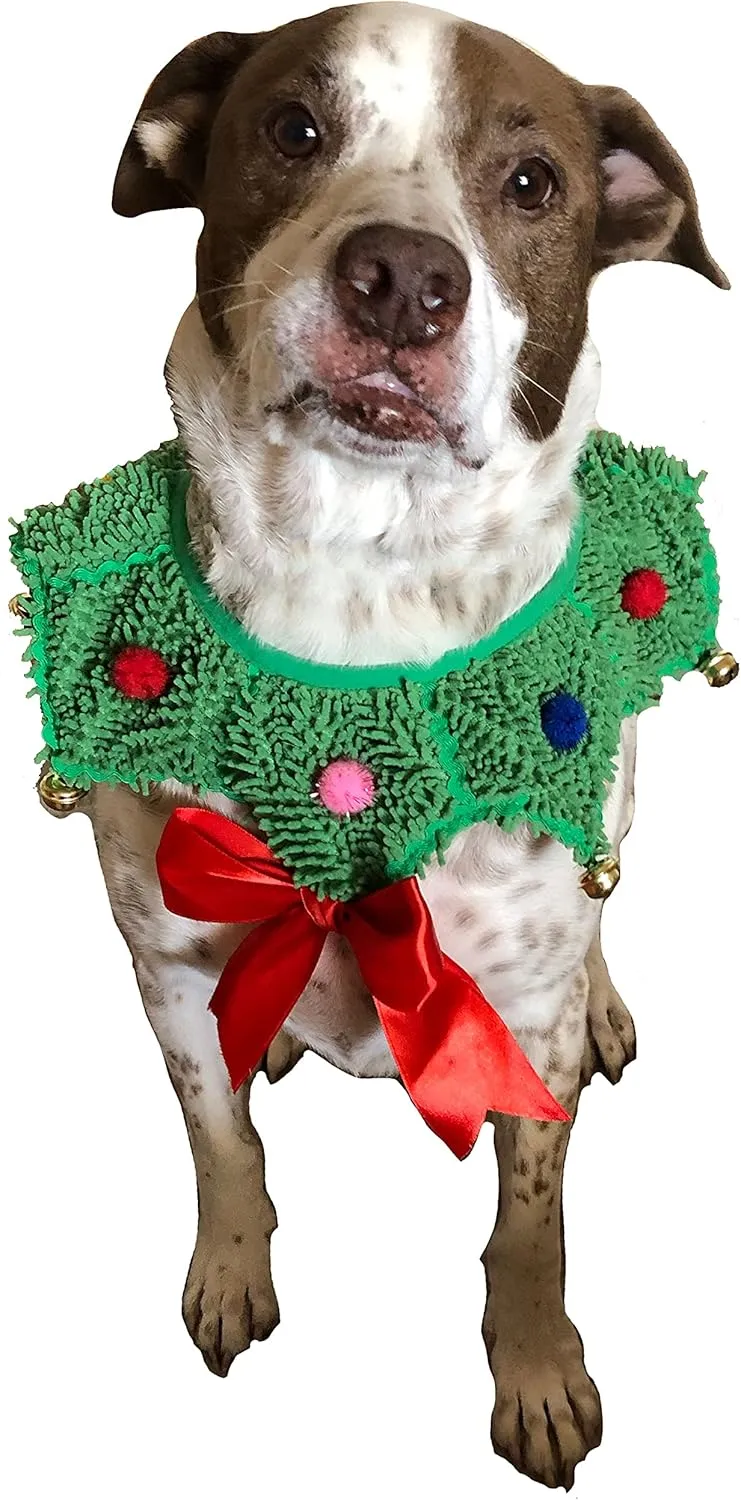 ComfyCamper Christmas Wreath Neck Scrunchie Dog Costume - Xmas Ugly Sweater Large Medium Small French Lab Cosplay, Large, Green