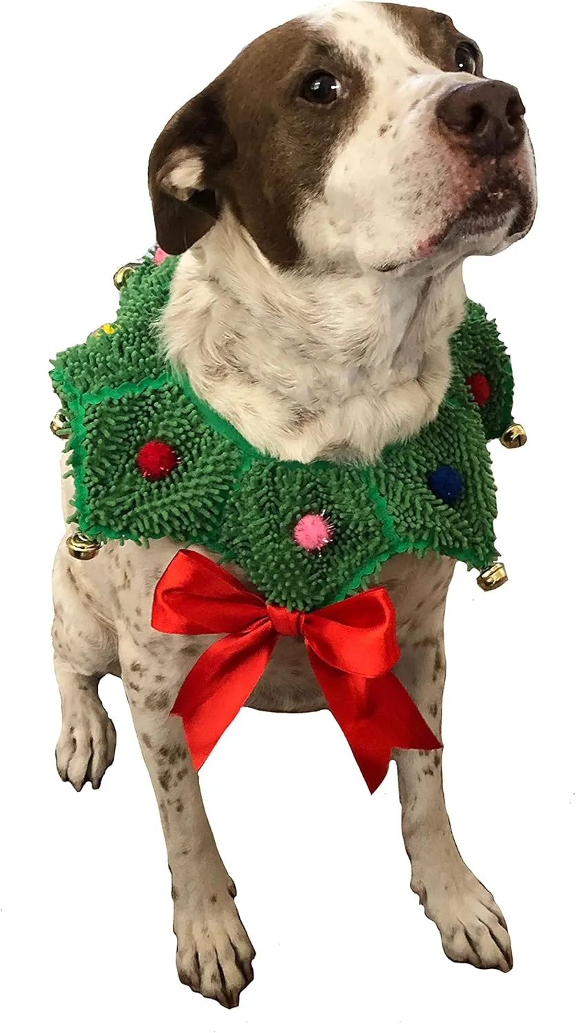 ComfyCamper Christmas Wreath Neck Scrunchie Dog Costume - Xmas Ugly Sweater Large Medium Small French Lab Cosplay, Medium, Green