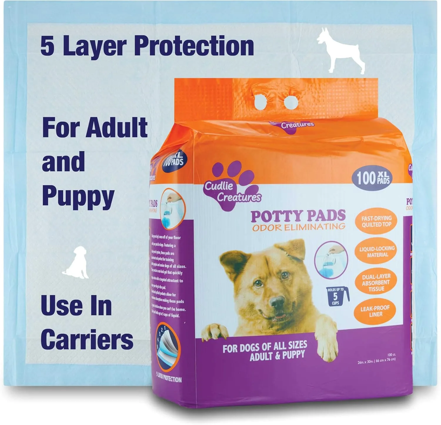 Cudlie Absorbent Puppy Pads, 100 Count, 26"x30" - Perfect for Dog & Puppy Training and House Training