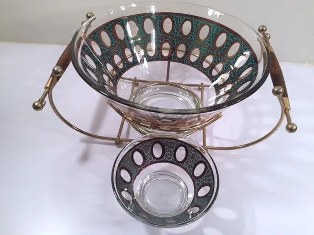 Culver Mid-Century 22-Karat Gold & Green Pisa Bowls and Carrier (Set of 2 Bowls with Carrier)