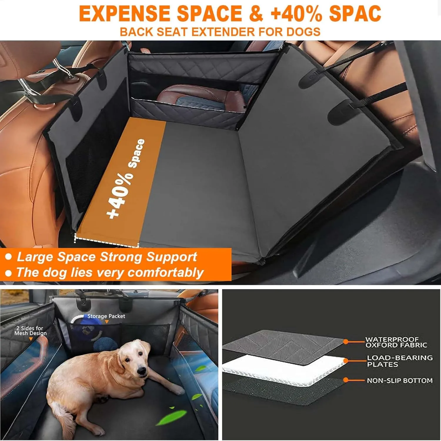 Dog Car Seat for Large Medium Dogs with Seat Belt, Back Seat Extender for Dogs, Waterproof Dog Car Seat Cover for Backseat, Pet Bed for Cars Hammock with Storage Pocket