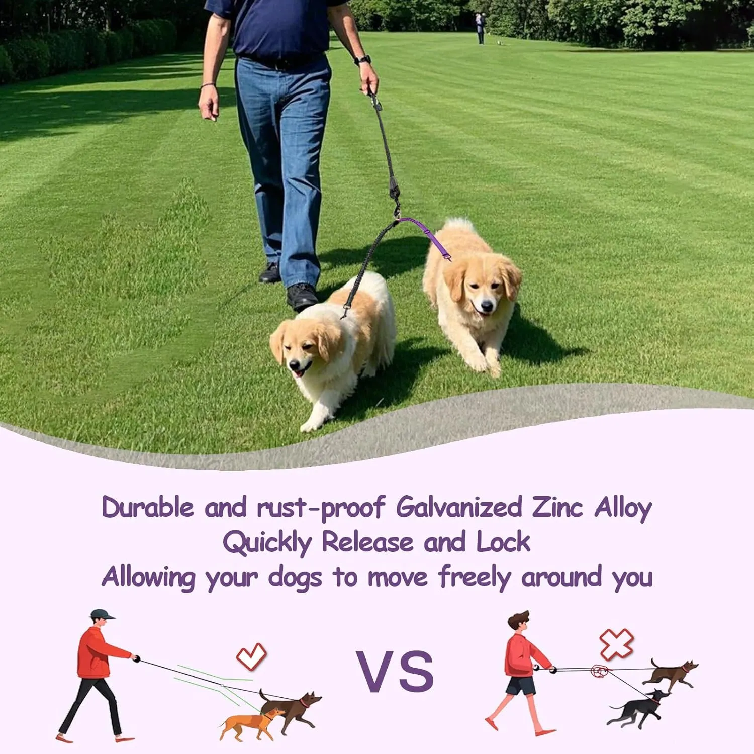 Double Dog Leash - 360Swivel Tangle Free Splitter Attachment, 2 Dogs Multi-Functional Leashes, Dual Rope for Outdoor Walk Train Small Medium Large Two Pet, Purple