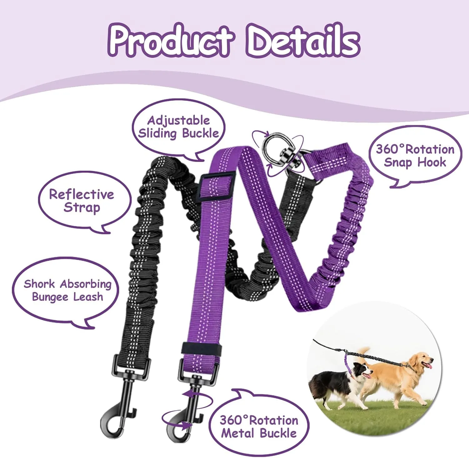 Double Dog Leash - 360Swivel Tangle Free Splitter Attachment, 2 Dogs Multi-Functional Leashes, Dual Rope for Outdoor Walk Train Small Medium Large Two Pet, Purple