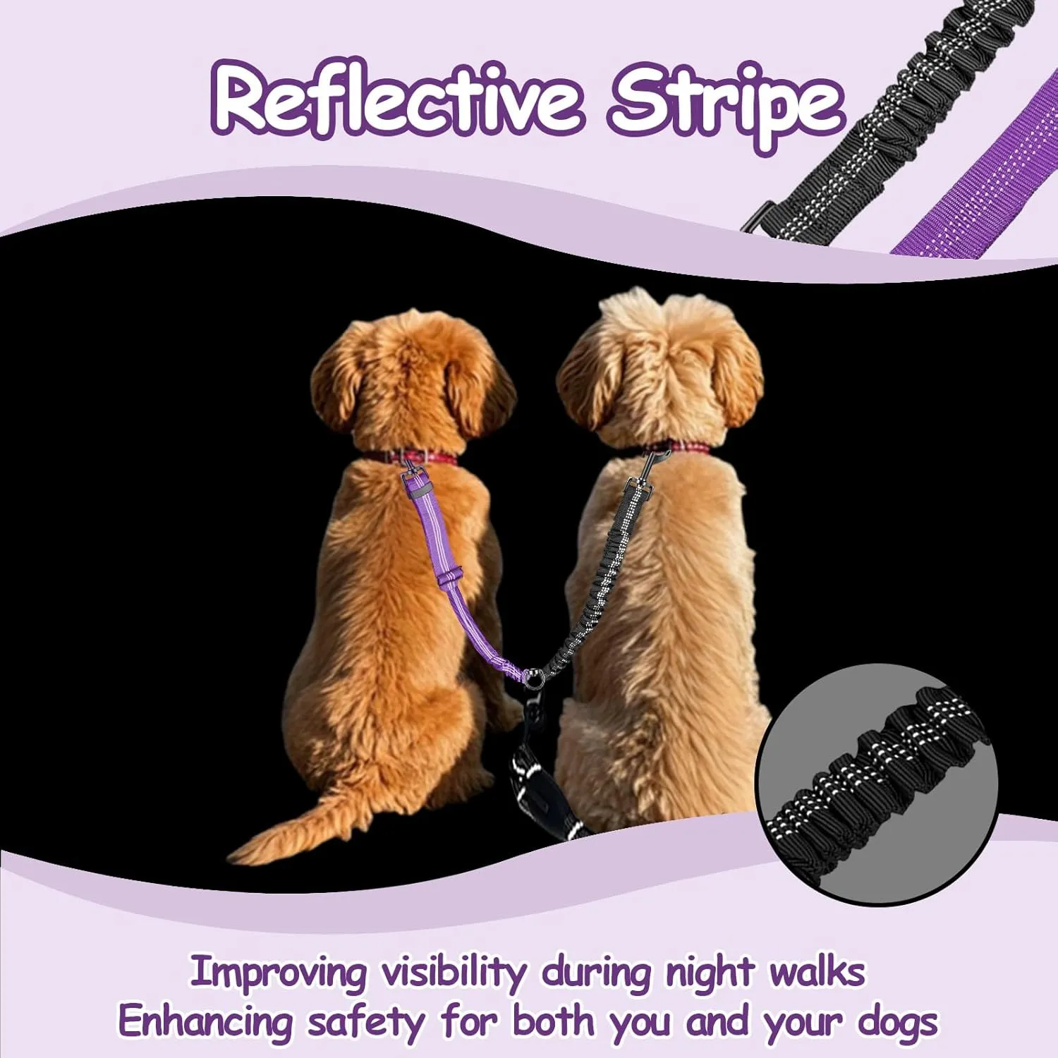 Double Dog Leash - 360Swivel Tangle Free Splitter Attachment, 2 Dogs Multi-Functional Leashes, Dual Rope for Outdoor Walk Train Small Medium Large Two Pet, Purple