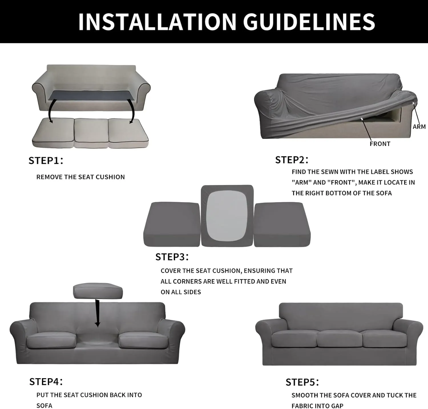 Easy-Going 4 Pieces Stretch Soft Couch Cover for Dogs - Washable Sofa Slipcover for 3 Separate Cushion Couch - Elastic Furniture Protector for Pets, Kids (Sofa, Light Gray, Large)