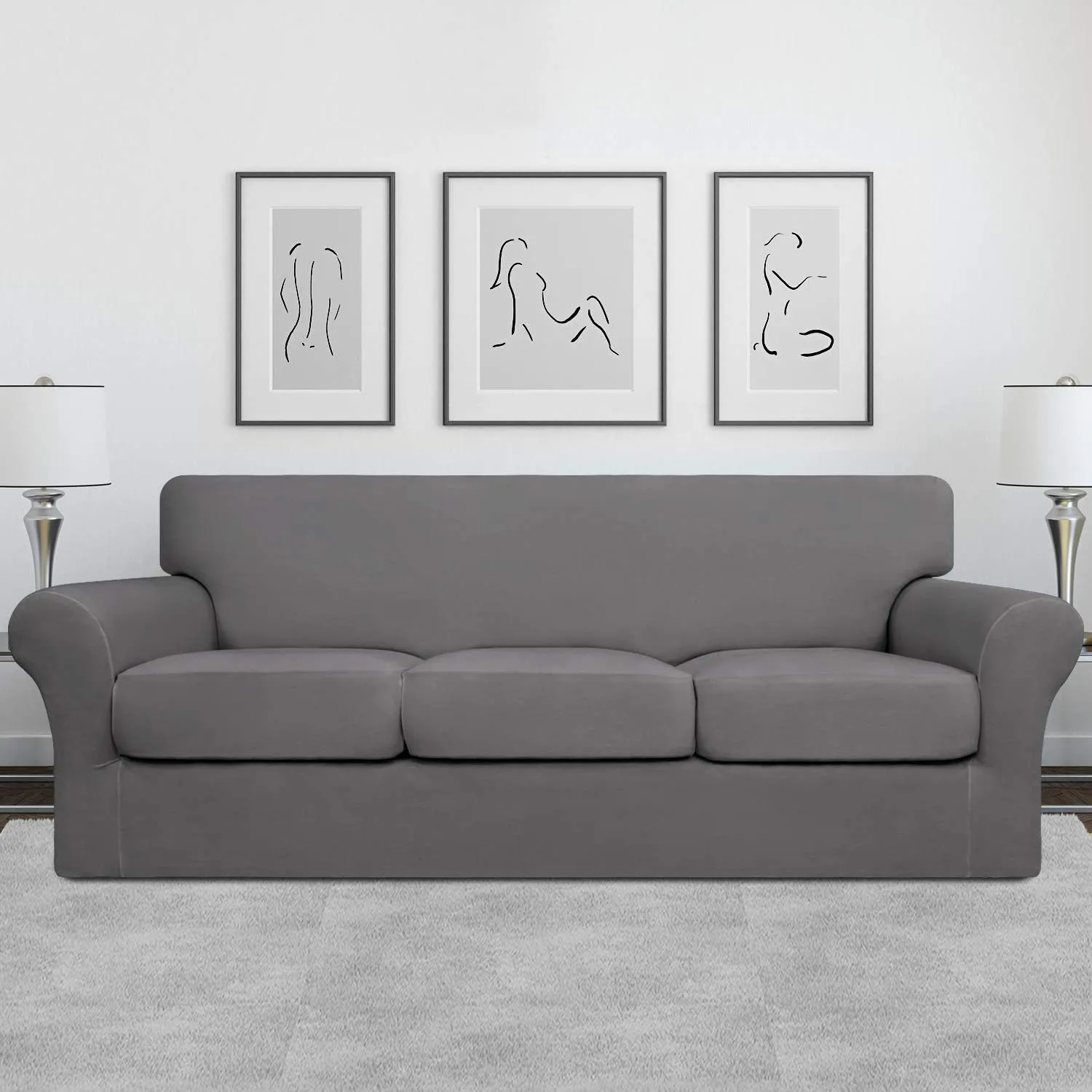 Easy-Going 4 Pieces Stretch Soft Couch Cover for Dogs - Washable Sofa Slipcover for 3 Separate Cushion Couch - Elastic Furniture Protector for Pets, Kids (Sofa, Light Gray, Large)