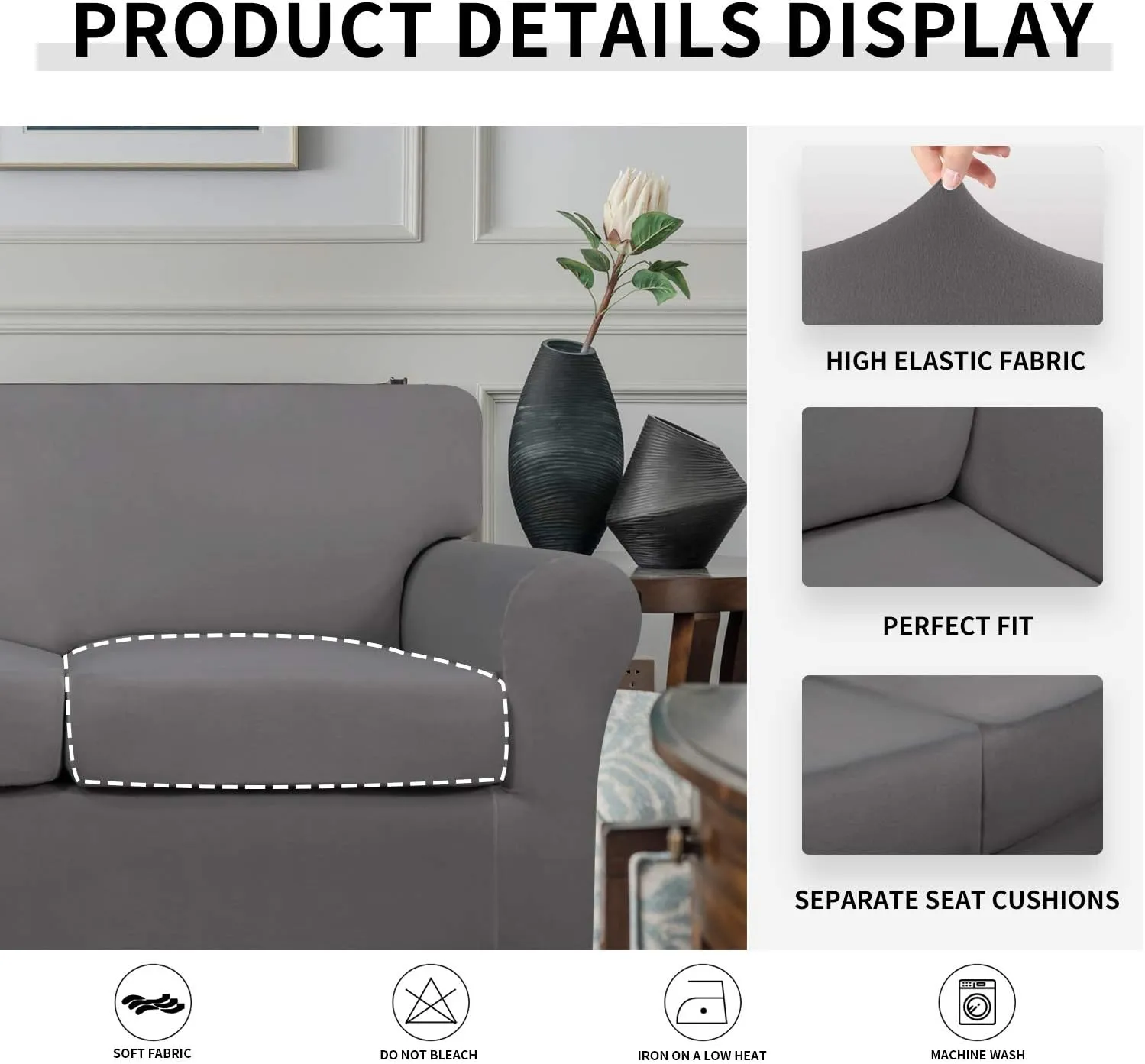 Easy-Going 4 Pieces Stretch Soft Couch Cover for Dogs - Washable Sofa Slipcover for 3 Separate Cushion Couch - Elastic Furniture Protector for Pets, Kids (Sofa, Light Gray, Large)