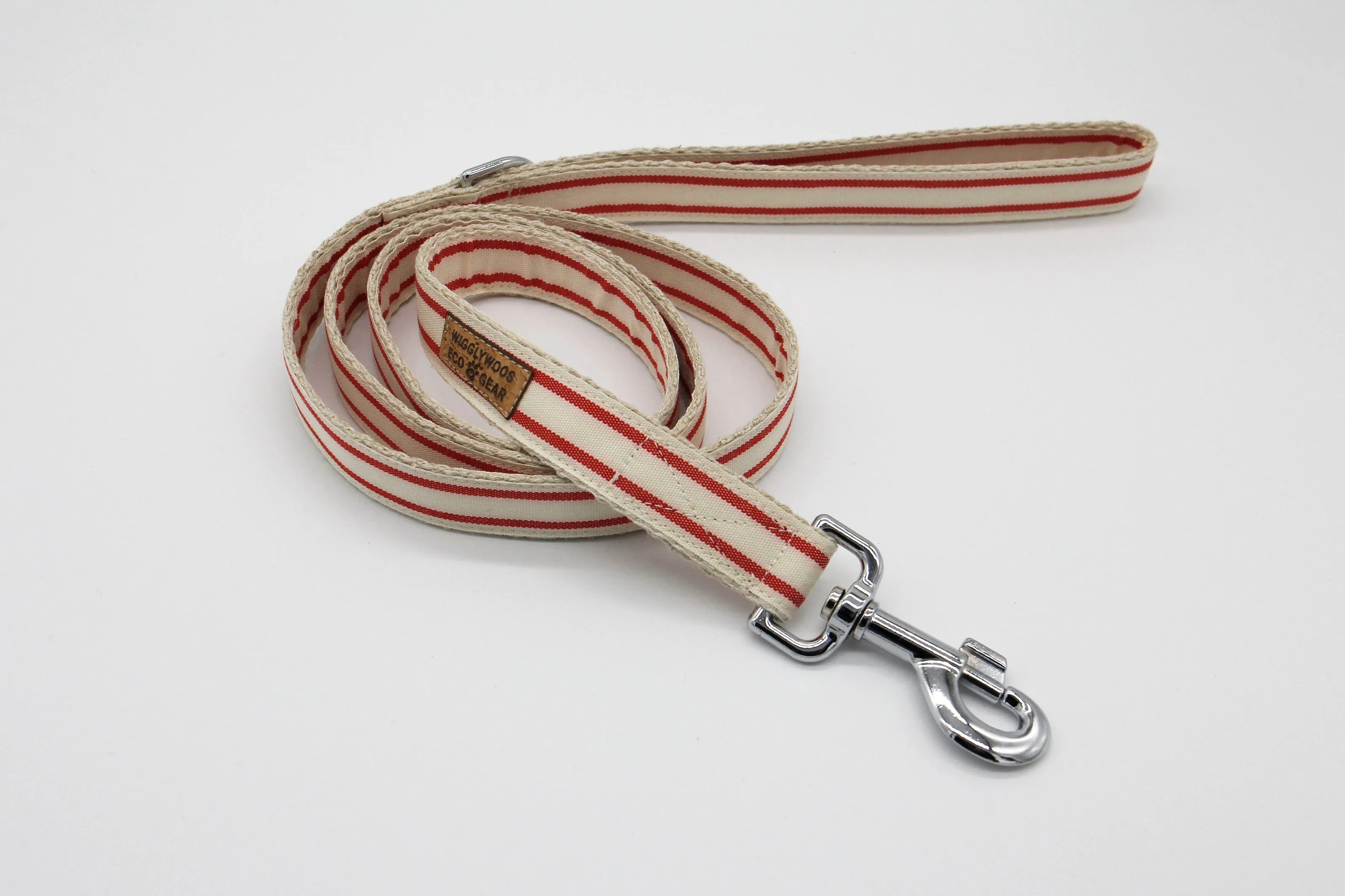 Flat Hemp Dog Leash With Layered Red Striped Ribbon