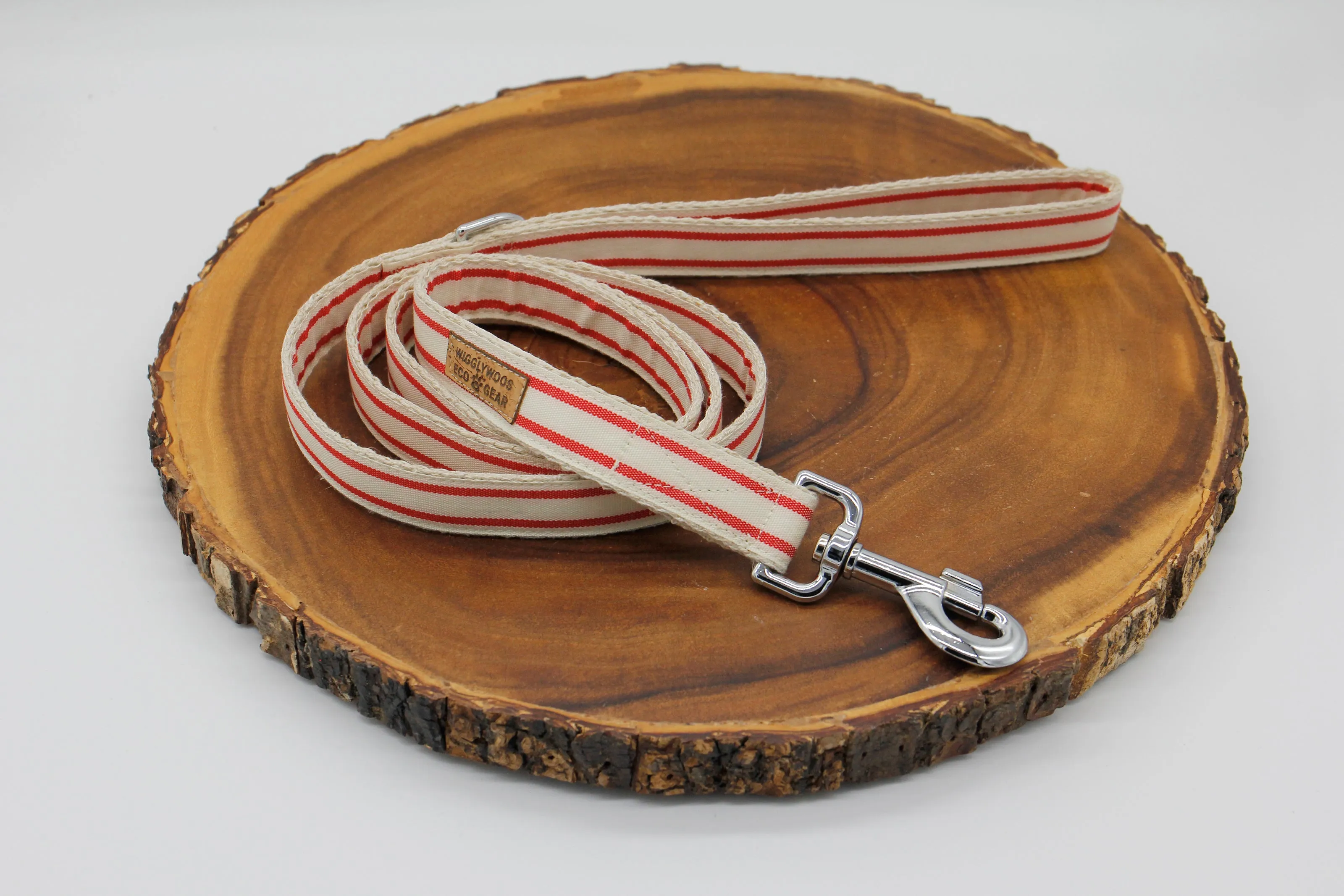 Flat Hemp Dog Leash With Layered Red Striped Ribbon