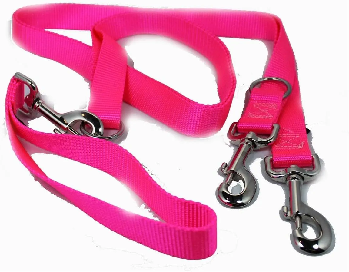 Freedom Multipurpose 1 Inch Euro Pet Leash 4 to 8 Foot or Double Dogs With Detachable Handle Hot Pink
