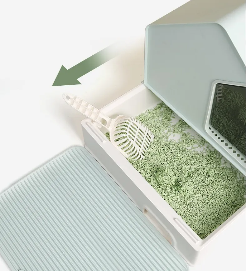 Fully Enclosed Cat Litter Box with Tray, Mat & Scooper - Green