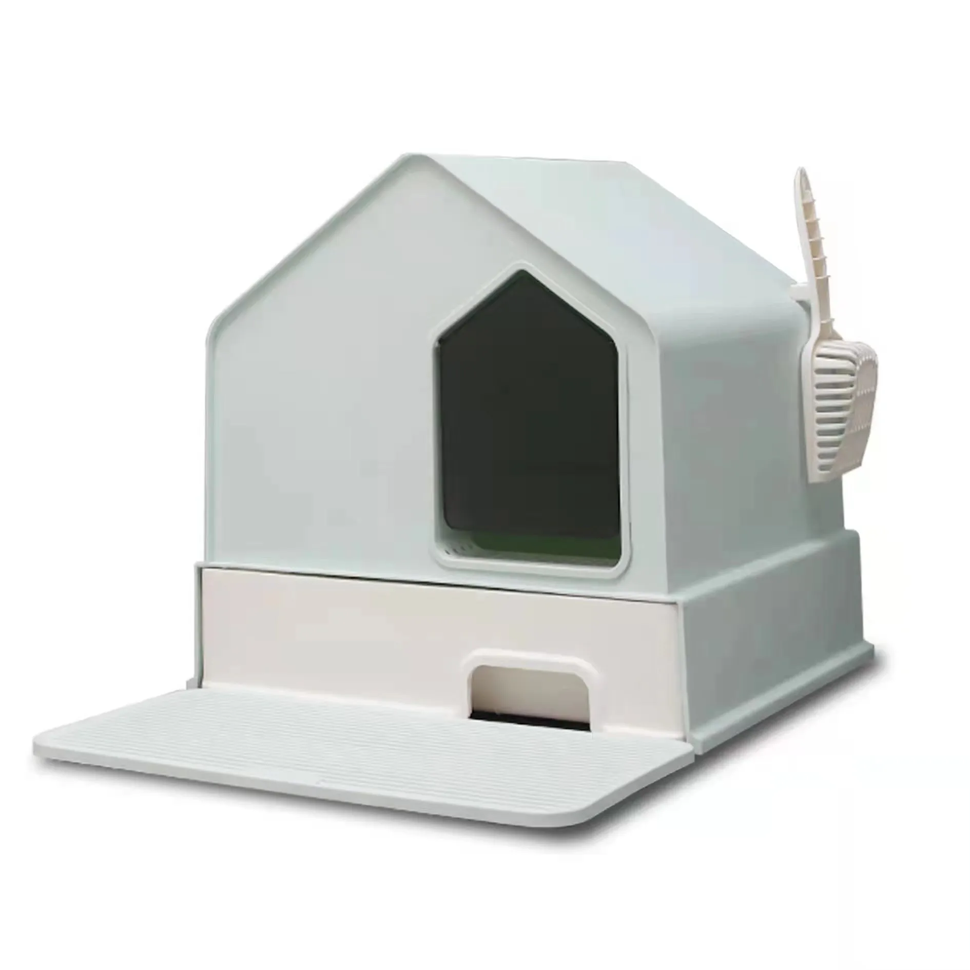 Fully Enclosed Cat Litter Box with Tray, Mat & Scooper - Green