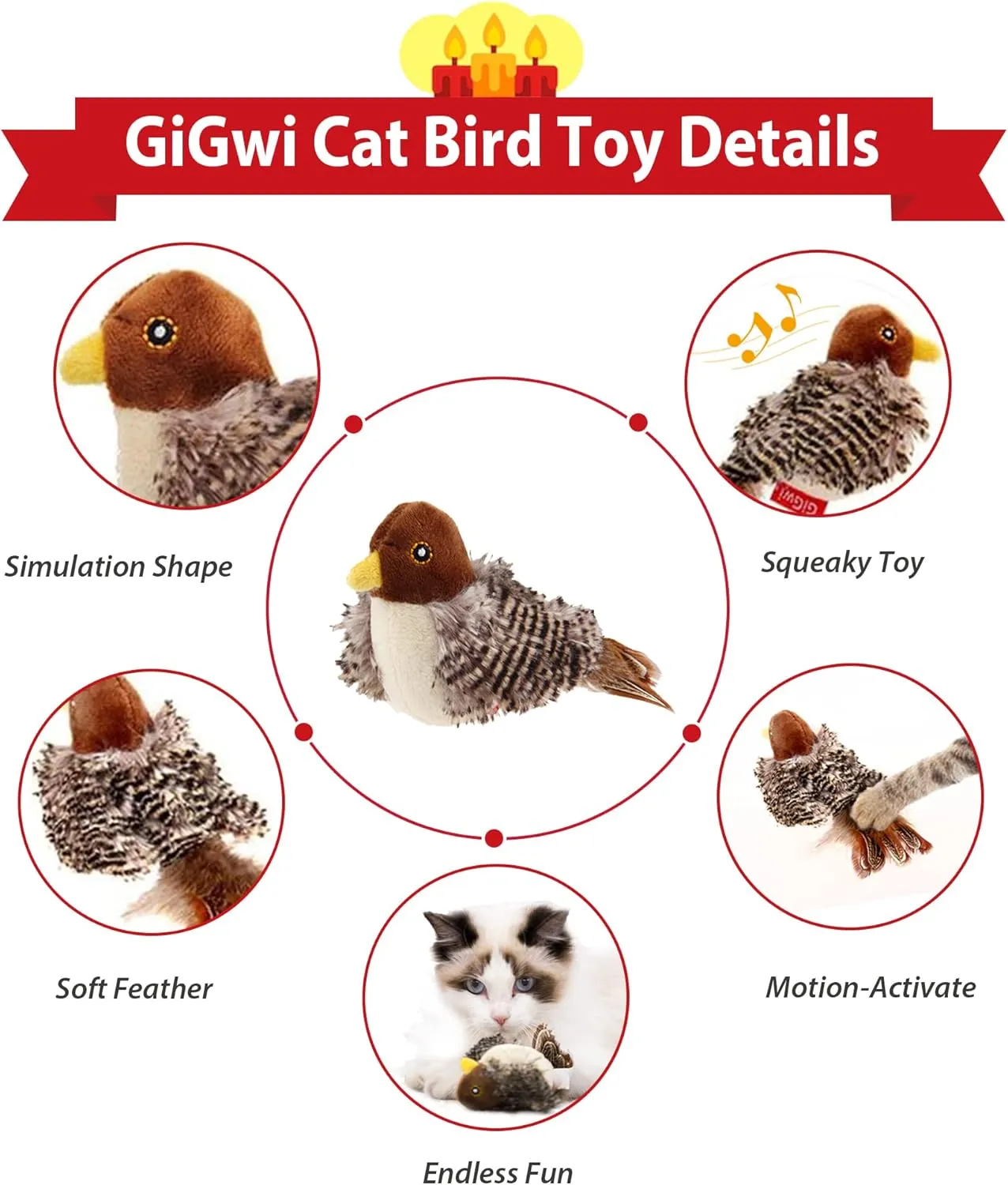 Gigwi Chirping Bird Cat Toys for Indoor Cats, Interactive Cat Toy with Real Electronic Squeaky Sound and Feather, Kitten Toys Automatic Cat Toy for Cat Exercise & Kicker to Self PlayNo Flapping