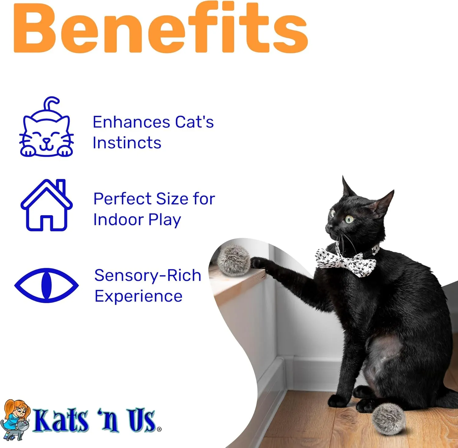 Kats'N Us Interactive Real Rabbit Fur Pom Pom Cat Toys - Set for Cat Entertainment, Training, and Play - 5 Pack