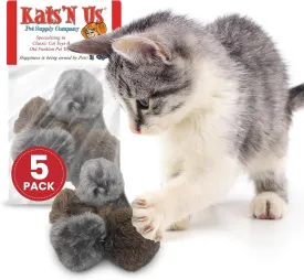 Kats'N Us Interactive Real Rabbit Fur Pom Pom Cat Toys - Set for Cat Entertainment, Training, and Play - 5 Pack